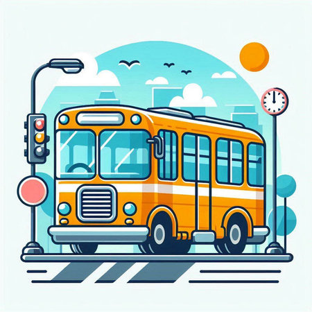 Bus on the city street. Vector illustration in flat design style.のイラスト素材
