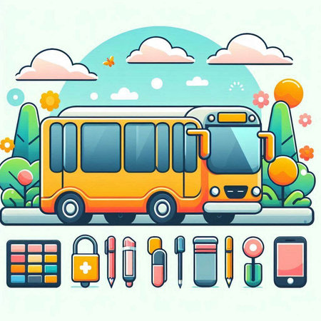 Vector illustration of school bus with colorful stationery in cartoon style.のイラスト素材