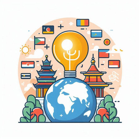Thin line flat design vector illustration of globe, light bulb, chinese temple, incandescent lamp. Concept for web page, banner, print media.のイラスト素材
