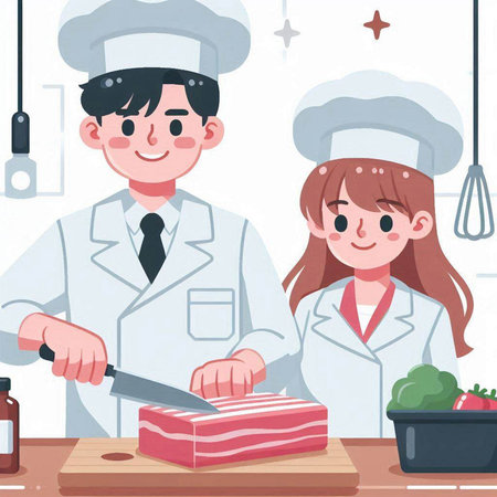 Man and woman cooking in the kitchen. Vector illustration in cartoon style.のイラスト素材