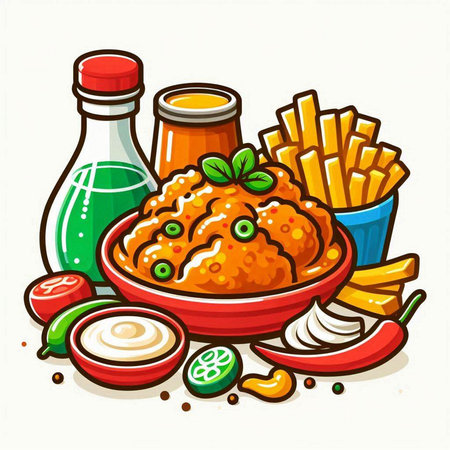 Illustration of chicken curry with french fries and sauces in cartoon styleのイラスト素材