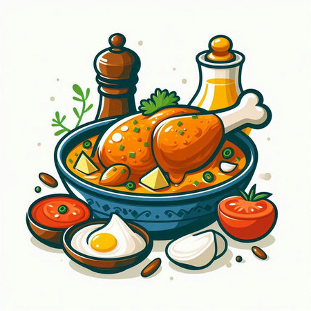 Vector illustration of a bowl of chicken with ingredients for cooking on a white backgroundのイラスト素材