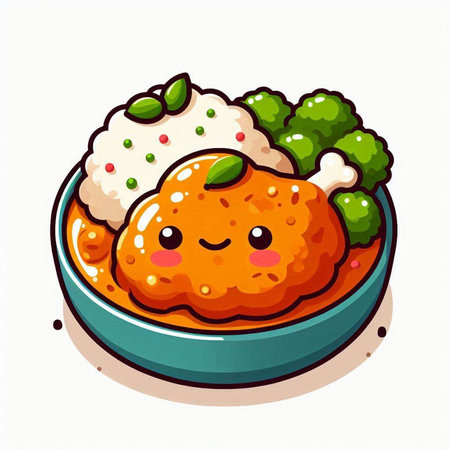 Cute kawaii chicken with rice and vegetables. Vector illustration.のイラスト素材