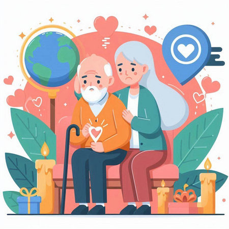 Elderly couple sitting on a bench with a heart in their hands. Vector illustrationのイラスト素材