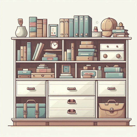 Illustration of a bookcase with books and stationery in retro styleのイラスト素材