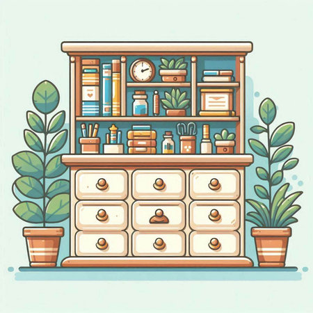 Vector illustration of a shelf with books and plants in a flat styleのイラスト素材
