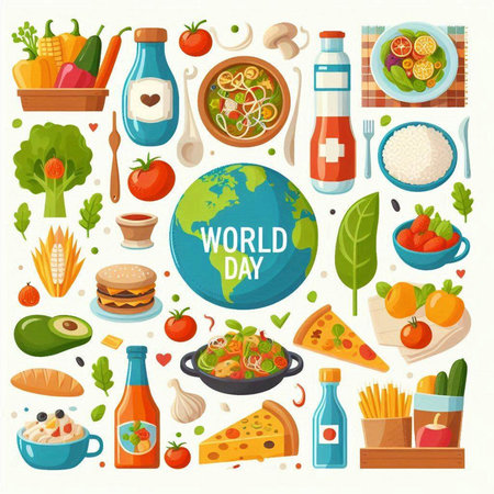 World food day poster with food and drinks in flat style isolated vector illustrationのイラスト素材