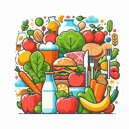 Vector illustration of healthy food background. Hand drawn doodle style.のイラスト素材