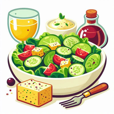 Vegetable salad in a bowl on a white background. Vector illustration.のイラスト素材