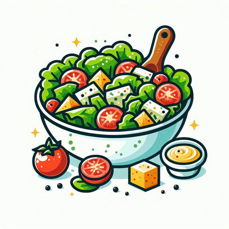 Salad in a bowl isolated on white background. Vector illustration.のイラスト素材