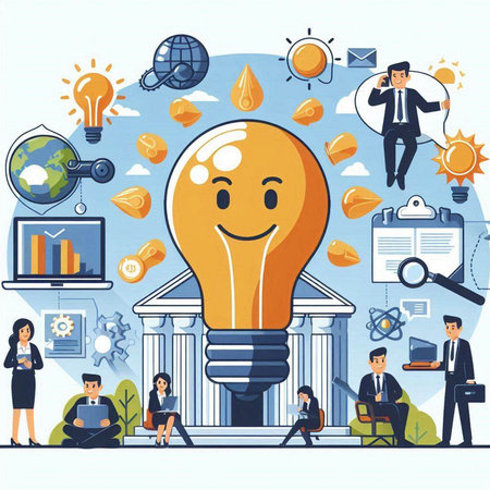Vector illustration of business people with big idea lightbulb. Flat style design.のイラスト素材