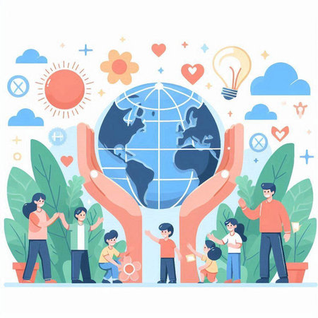 People holding Earth in hands. Save the planet concept. Vector illustrationのイラスト素材