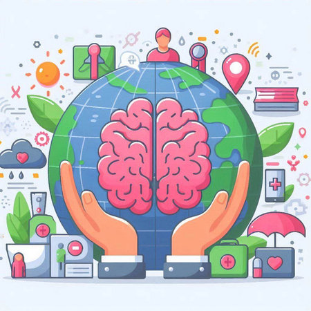 Vector illustration of human hands holding globe with human brain on white background with flat line icons and elements.のイラスト素材