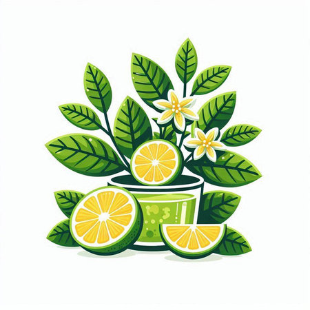 Lime with leaves and flowers on a white background. Vector illustration.のイラスト素材