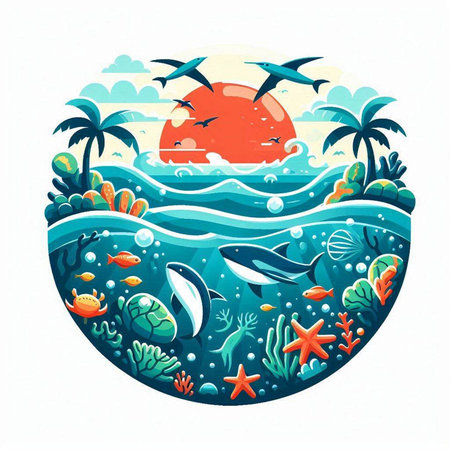 Underwater world with fishes and coral reef. Colorful vector illustration.のイラスト素材