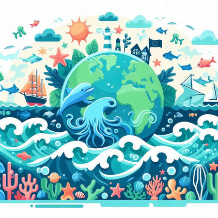 Sea life background with cartoon sea animals and planet. Vector illustration.のイラスト素材