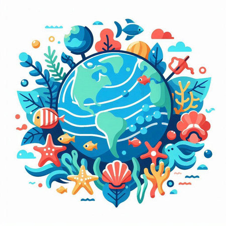 Vector illustration of sea life in the form of a globe with algae, starfish and fish.のイラスト素材