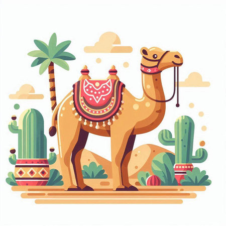Camel in desert with cactuses. Vector illustration in flat styleのイラスト素材