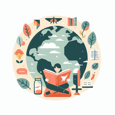 Vector illustration of a girl reading a book on the background of the globe.のイラスト素材