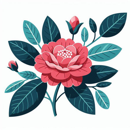 Vector illustration of a red rose with green leaves on a white background.のイラスト素材