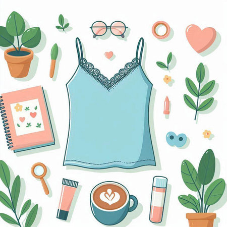 Flat design vector illustration of fashion and beauty icons set: top, cup of coffee, cosmetics, notebook, sunglasses, heart, flower, plants.のイラスト素材