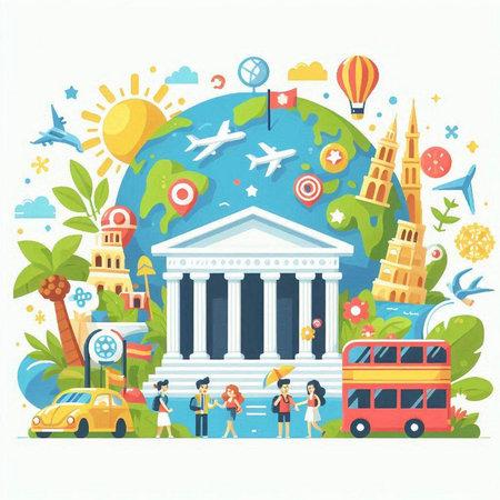 Travel around the world. Vector illustration in flat style on white background.のイラスト素材