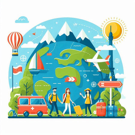 Traveling around the world concept. People with luggage, car, airplane, map, mountains, road signs. Vector illustrationのイラスト素材