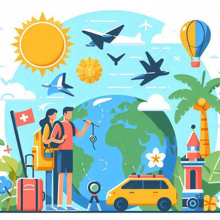 Traveling around the world concept vector illustration. Flat design of tourists with luggage and map on background of tropical landscape.のイラスト素材