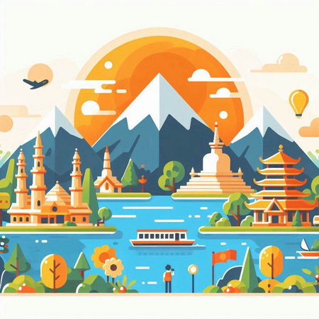 Travel to Asia. Vector illustration in flat style. Landscape with mountains, pagodas, temples, pagodas, pagodasのイラスト素材