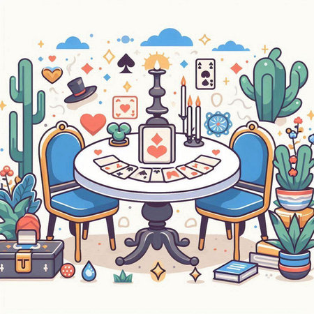 Table and chairs with playing cards. Vector illustration in cartoon style.のイラスト素材