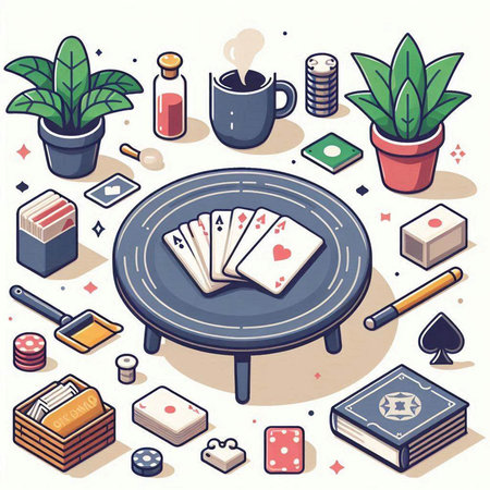 Poker table with cards, chips and other gambling accessories. Vector illustrationのイラスト素材