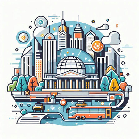 Vector illustration of the city in linear style. The concept of travel and tourism.のイラスト素材