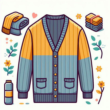 Vector illustration of men's coat in cartoon style with floral elements.のイラスト素材
