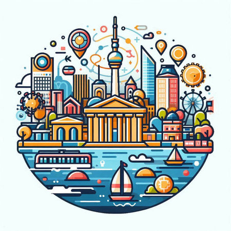 City landscape. Vector illustration in flat linear style. Cityscape with buildings, roads, boats, people and landmarks.のイラスト素材