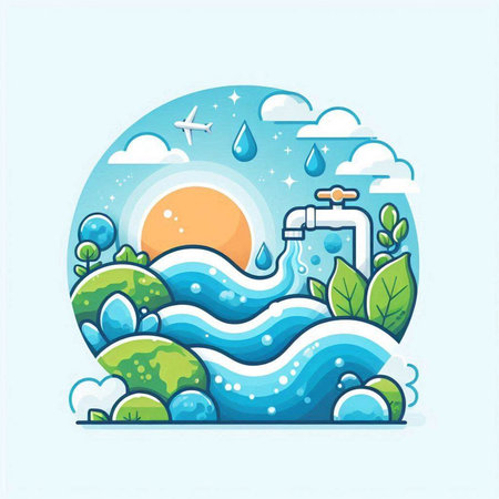 Illustration of a water faucet in the landscape with trees and cloudsのイラスト素材