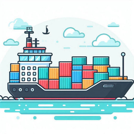Cargo ship with containers on the sea. Freight transportation. Vector illustration.のイラスト素材