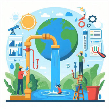 Water supply system flat vector illustration. Cartoon man and woman standing near water pump. Water supply concept.のイラスト素材