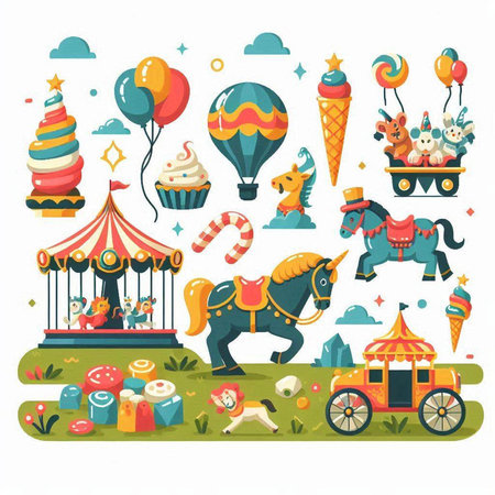 Amusement park elements set with carousels, balloons, hot air balloons, horse, carousels, sweets and other vector illustration.のイラスト素材