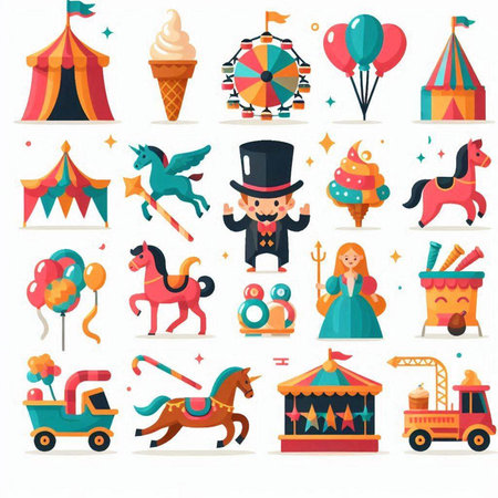 Amusement park flat icons set with carousel horse balloon ice cream isolated vector illustrationのイラスト素材