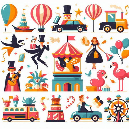 Amusement park, carnival, amusement park flat icons set isolated vector illustrationのイラスト素材