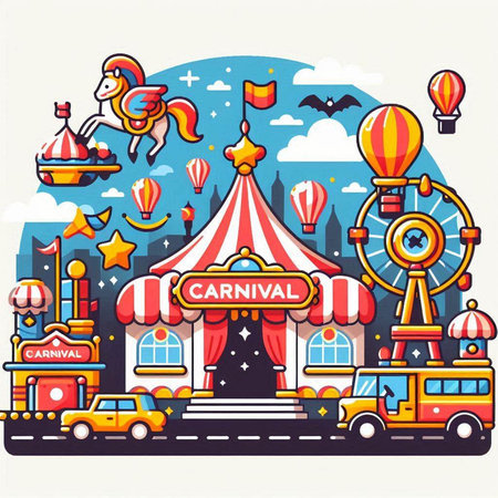 Amusement park. Vector illustration in flat design style with fairground attractionsのイラスト素材
