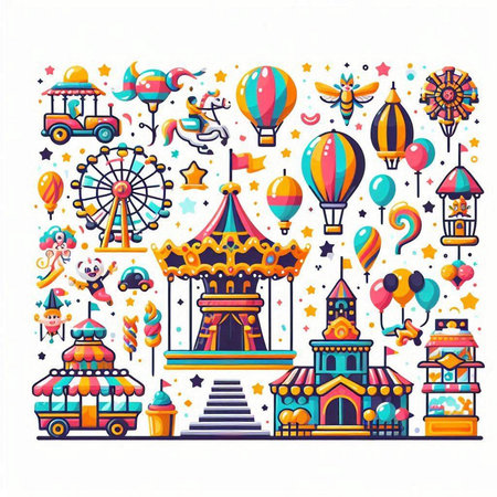 Amusement park colorful doodle icons set isolated vector illustrationのイラスト素材