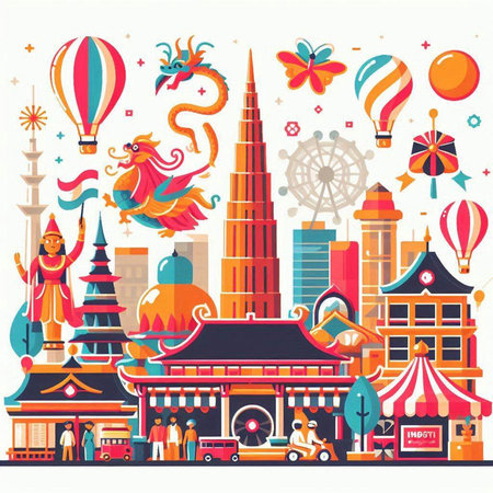 Vector illustration in flat style with famous landmarks and attractions of China.のイラスト素材