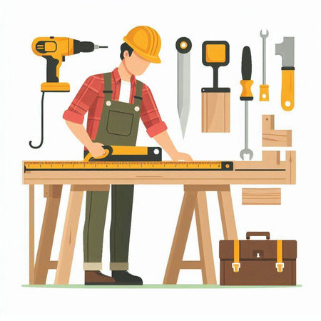 Carpenter working with tools. Vector illustration in flat style.のイラスト素材