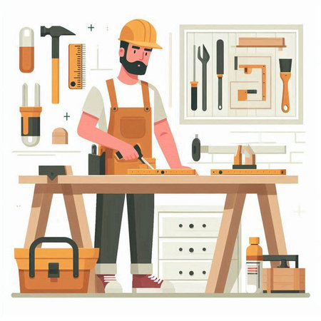 Carpenter working in his workshop. Vector illustration in flat styleのイラスト素材