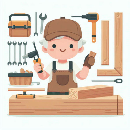 Carpenter working with tools. Vector illustration in cartoon style.のイラスト素材