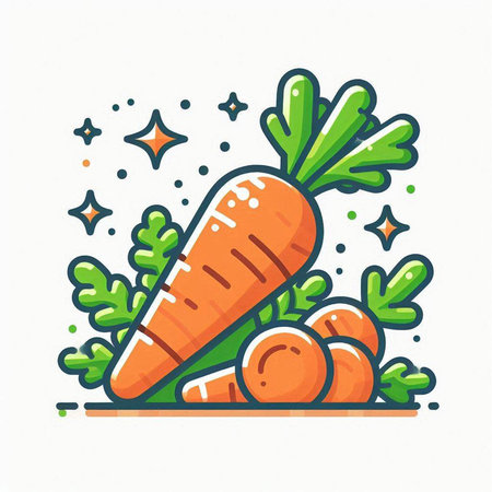 Carrot icon. Vector illustration of a carrot with leaves and stars.のイラスト素材