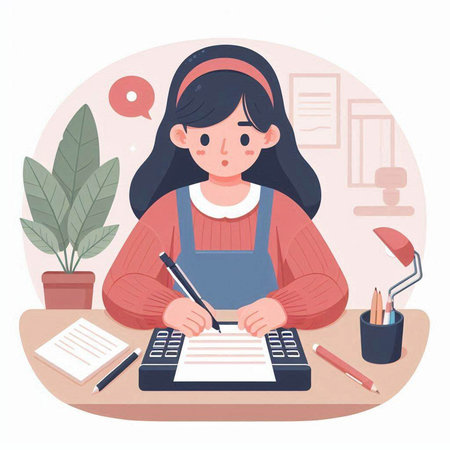 Girl making notes at home. Vector illustration in a flat style.のイラスト素材