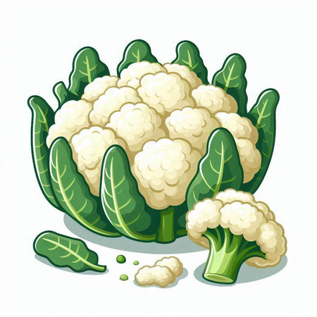 Cauliflower with green leaves isolated on white background. Vector illustration.のイラスト素材