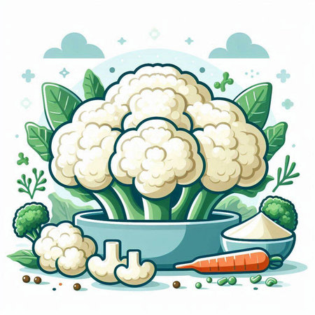 Vector illustration of cauliflower in a bowl with carrots, parsley, salt and pepper.のイラスト素材